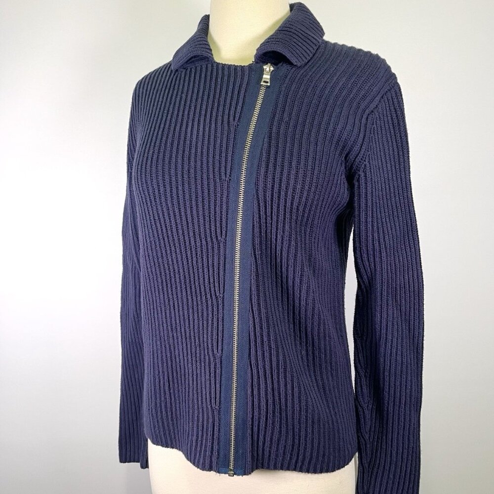 Boden Navy Blue Asymmetrical Ribbed Knit Cotton Zip Sweater Jacket Size 10